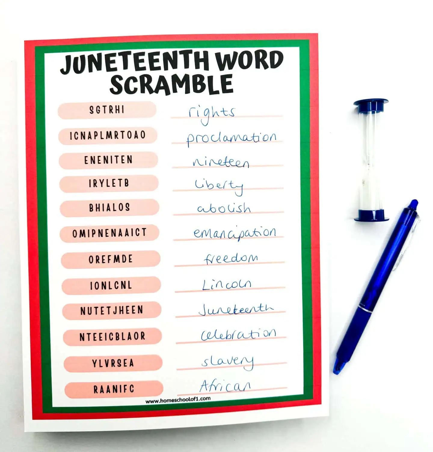 Educational worksheet for Juneteenth, with a word scramble game featuring terms such as 'RIGHTS', 'CELEBRATION', and 'AFRICAN'. Red and green beads frame the top right corner and a blue sand timer lies to the side, symbolizing learning time.