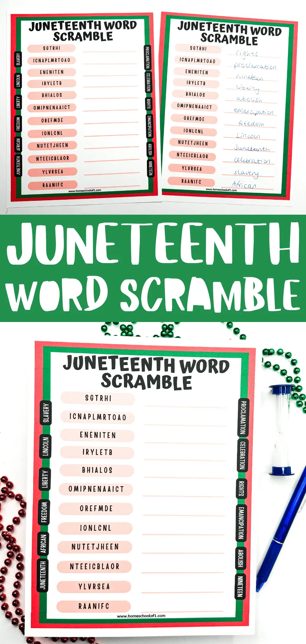 Printable Juneteenth word scramble worksheet featuring two versions, one with scrambled words like 'RIGHTS', 'PROCLAMATION', and 'FREEDOM', and the other with answers provided. The sheets are bordered in red and green