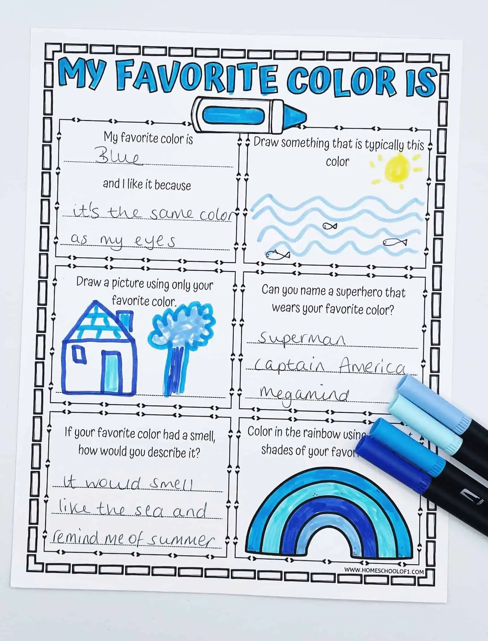 Partially completed children's worksheet about favorite colors, filled in with blue crayon and marker. It includes a child's written preference for blue because it's the color of their eyes, drawings of blue objects, and a list of superheroes like Superman who wear blue.