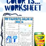 Children's activity worksheet titled 'My Favorite Color Is… Worksheet,' filled out with blue crayon. Activities include writing why they like the color blue, drawing with the color, naming superheroes with the color in their costumes like Superman and Captain America, and coloring a rainbow with different shades of blue.