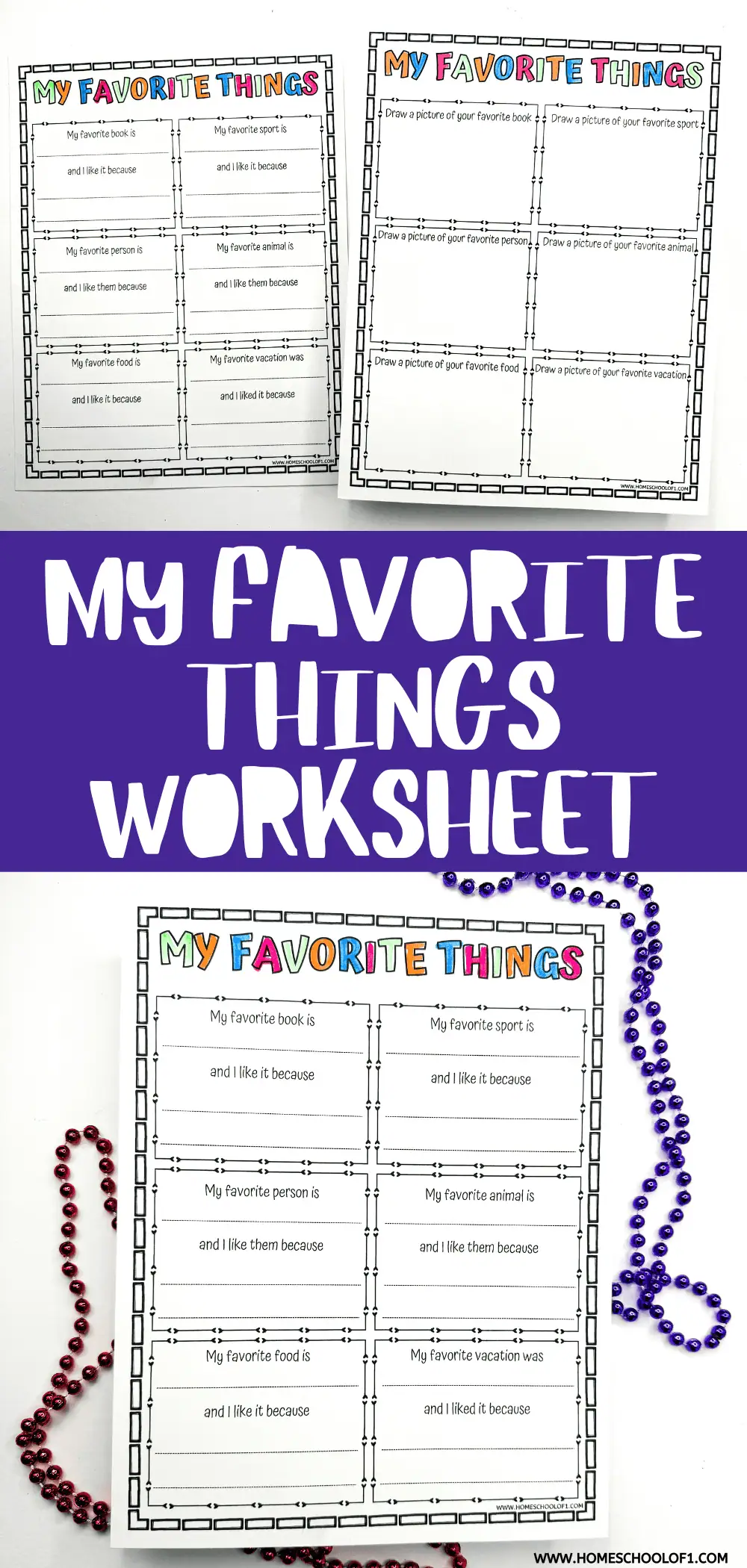 A set of 'My Favorite Things' worksheets for children's activities, featuring uncompleted sections for favorites like book, sport, person, animal, food, and vacation. Decorative beads frame the page, highlighting the creative and interactive nature of the worksheet.