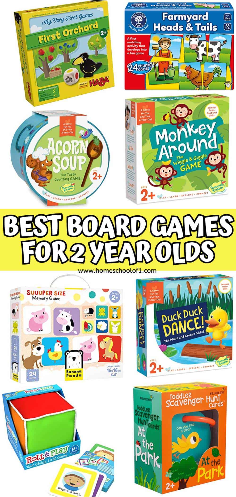 Selection of the best board games for 2-year-olds, featuring titles like 'First Orchard,' 'Farmyard Heads & Tails,' 'Acorn Soup,' 'Monkey Around,' and more, ideal for early childhood development and fun learning experiences.