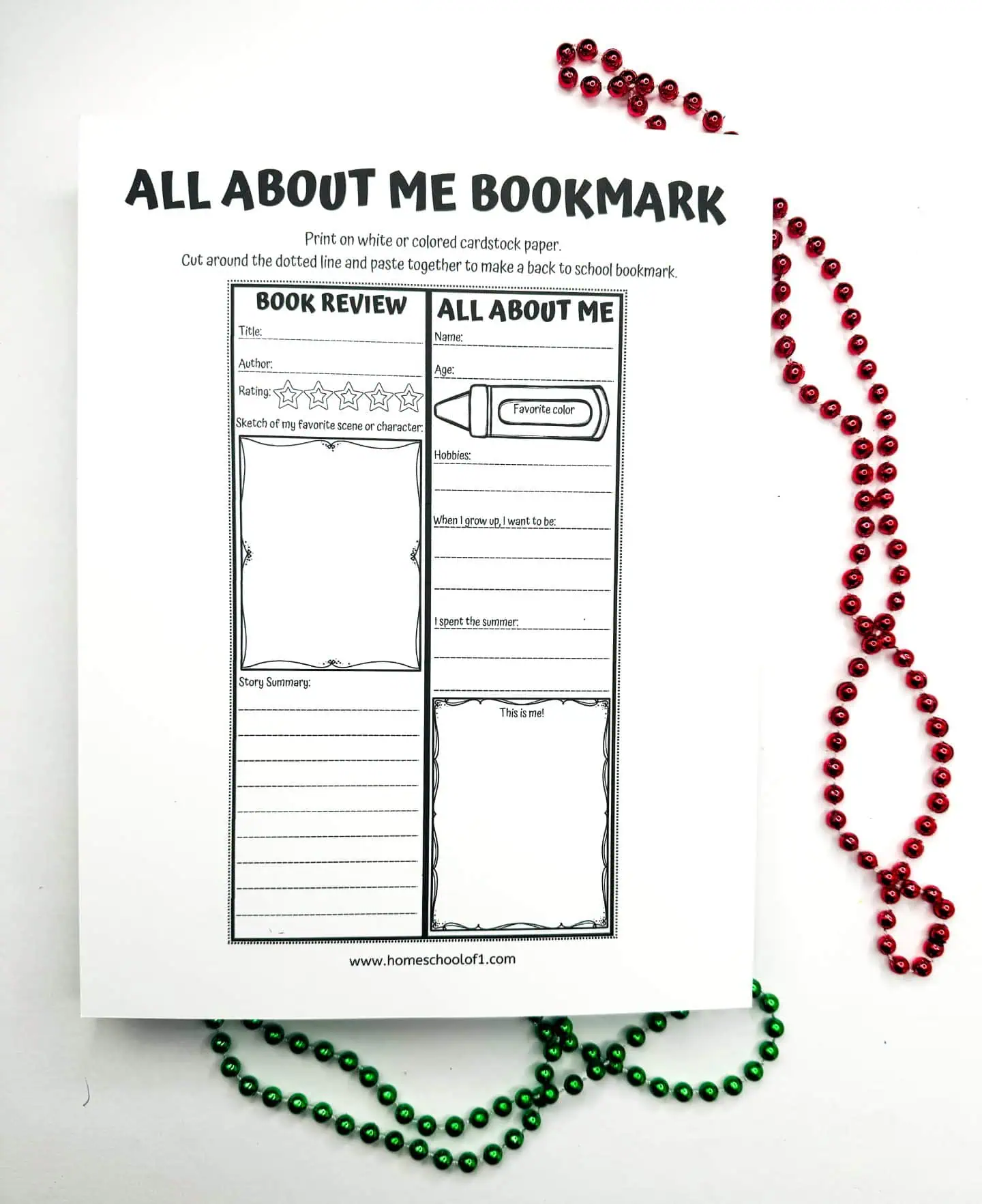 Printable 'All About Me Bookmark' craft sheet from homeschool101.com, with sections for book review and personal details, accented with red and green decorative beads