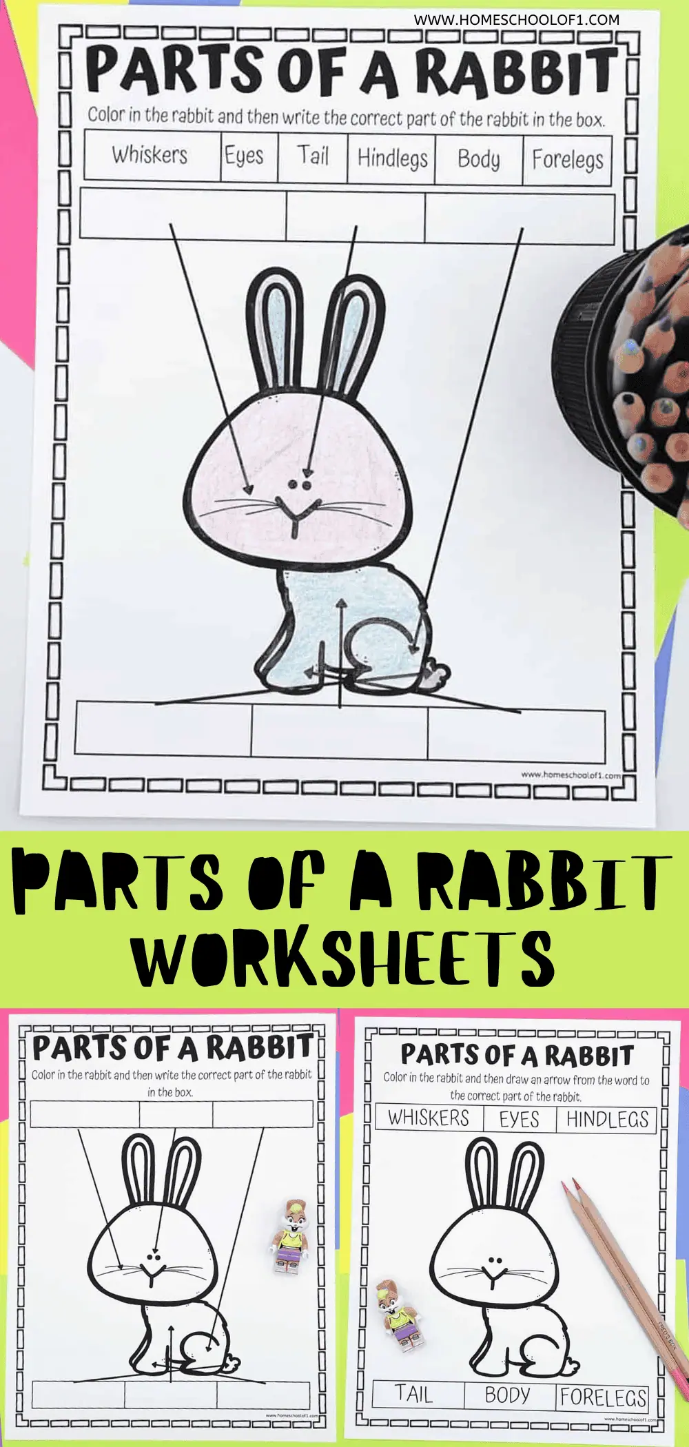 Educational worksheet titled 'PARTS OF A RABBIT' from homeschoolof1.com, featuring a cartoon rabbit diagram for children to color. The worksheet instructs to color the rabbit and write or match the parts of the rabbit - whiskers, eyes, tail, hindlegs, body, and forelegs - to their corresponding areas on the diagram. The image shows an example of the activity with some parts labeled, accompanied by colored pencils and small toy figures.