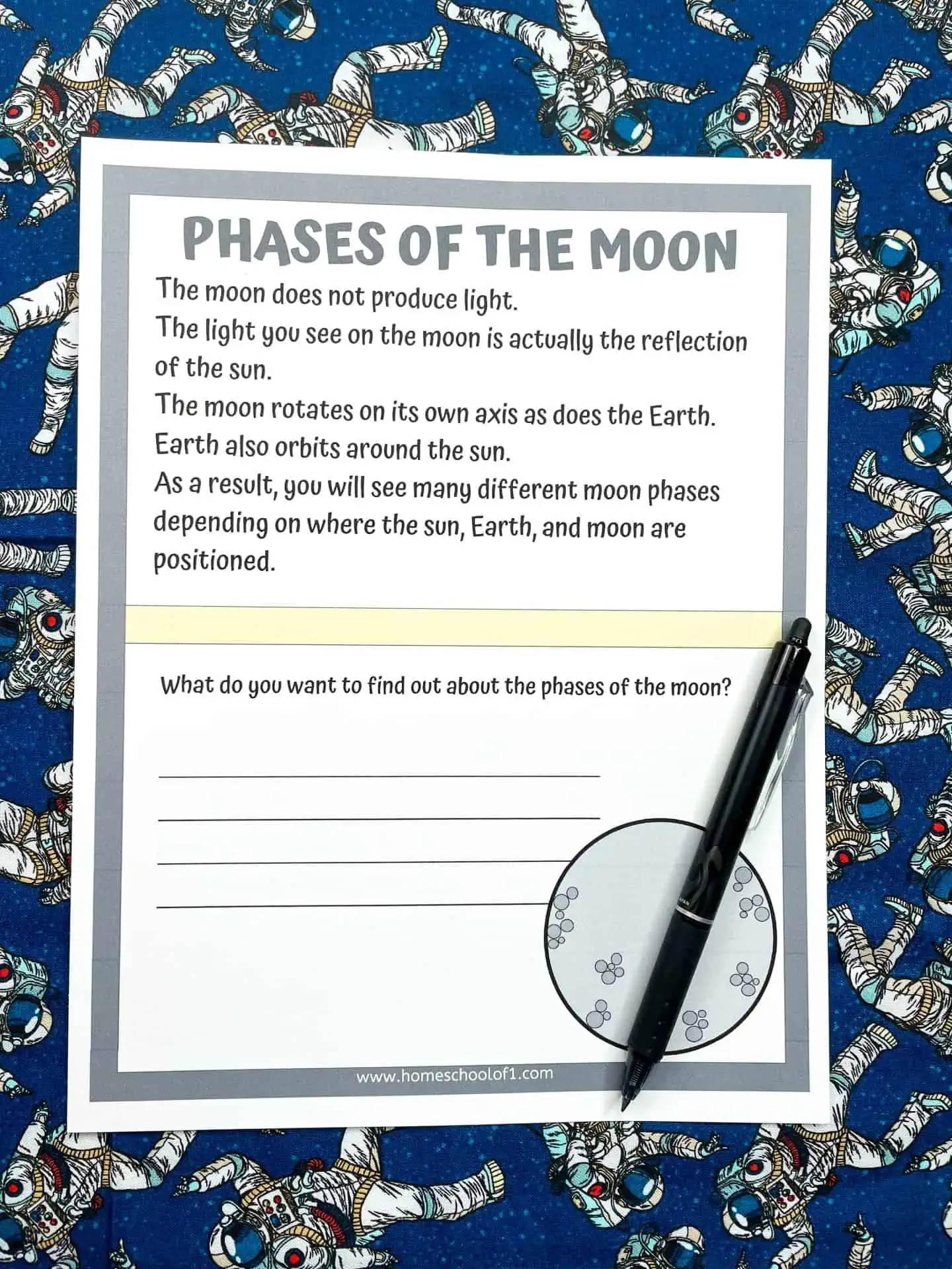 moon phases writing sheet