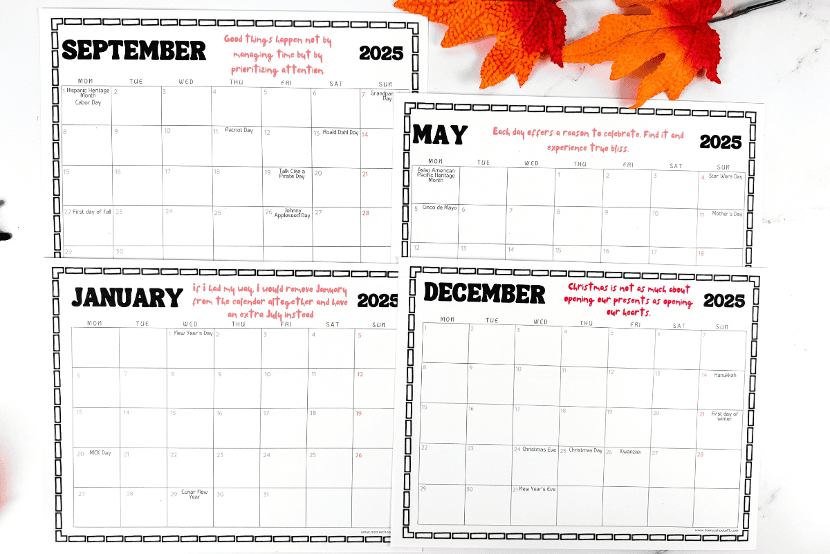 2025 printable monthly calendar