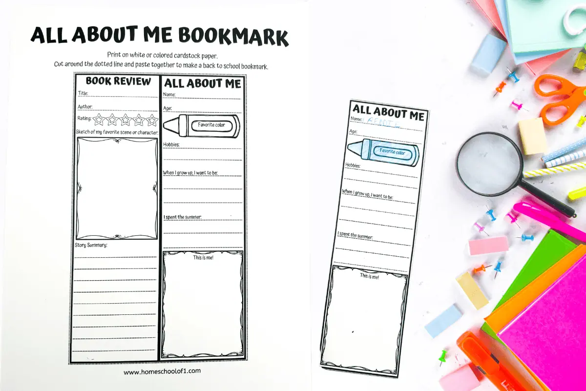 Black and white printable titled "ALL ABOUT ME BOOKMARK", featuring sections for a book review and personal details such as favorite color and hobbies. The right side shows the same bookmark partially colored in and filled out, lying next to school supplies like scissors, erasers, and colored paper.