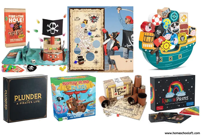 A collection of pirate-themed games and toys, including a 'Fire The Hole!' skill game, a pop-up pirate ship, and 'Plunder: A Pirate's Life' game box, showcasing a variety of colorful and interactive items for children.