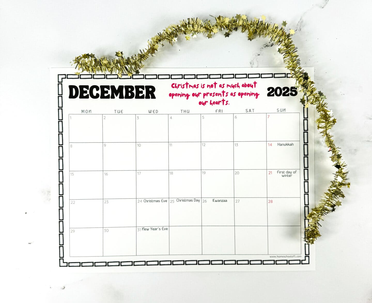 december printable monthly calendar with holidays