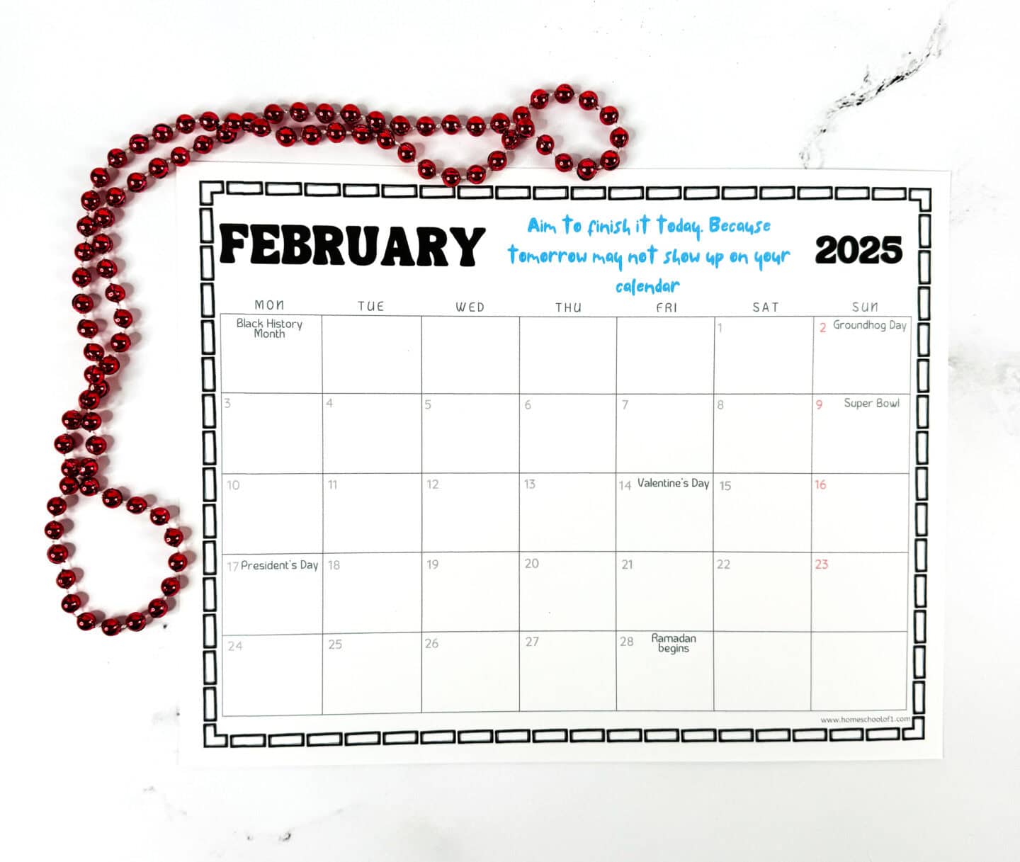 febraury printable monthly calendar with holidays