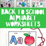 BACK TO SCHOOL ALPHABET WORKSHEETS with the title in large green letters. Several alphabet worksheets are visible in the background, with one in the foreground showing letter A activities and colored images, complemented by green and red beads on the sides, emphasizing the learning theme.