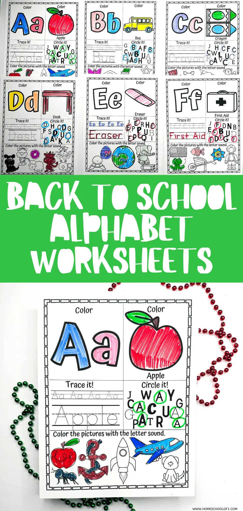 BACK TO SCHOOL ALPHABET WORKSHEETS with the title in large green letters. Several alphabet worksheets are visible in the background, with one in the foreground showing letter A activities and colored images, complemented by green and red beads on the sides, emphasizing the learning theme.