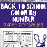 BACK TO SCHOOL COLOR BY NUMBER featuring nine differently themed worksheets with a prominent title and one worksheet in full view, showcasing a yellow school bus. Accompanying the worksheets are purple beads and a box of Crayola crayons to hint at the coloring activity involved.