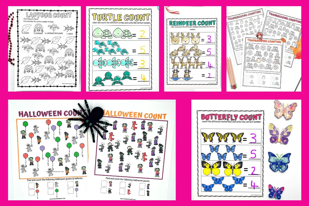 Assorted free printable counting worksheets for children. The image includes worksheets for counting ladybugs, turtles, reindeer, Halloween characters, and butterflies. Each worksheet has colorful illustrations and numbers to count, with a Halloween worksheet featuring a toy spider and a Thanksgiving counting worksheet accompanied by colored pencils.