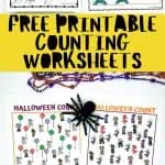 Free printable counting worksheets for kids featuring various themes. The top section includes a ladybug count and turtle count worksheet. The middle section highlights a Halloween count worksheet with colorful beads and a toy spider. The bottom section showcases a reindeer count and butterfly count worksheet, along with a Thanksgiving counting worksheet and colored pencils.