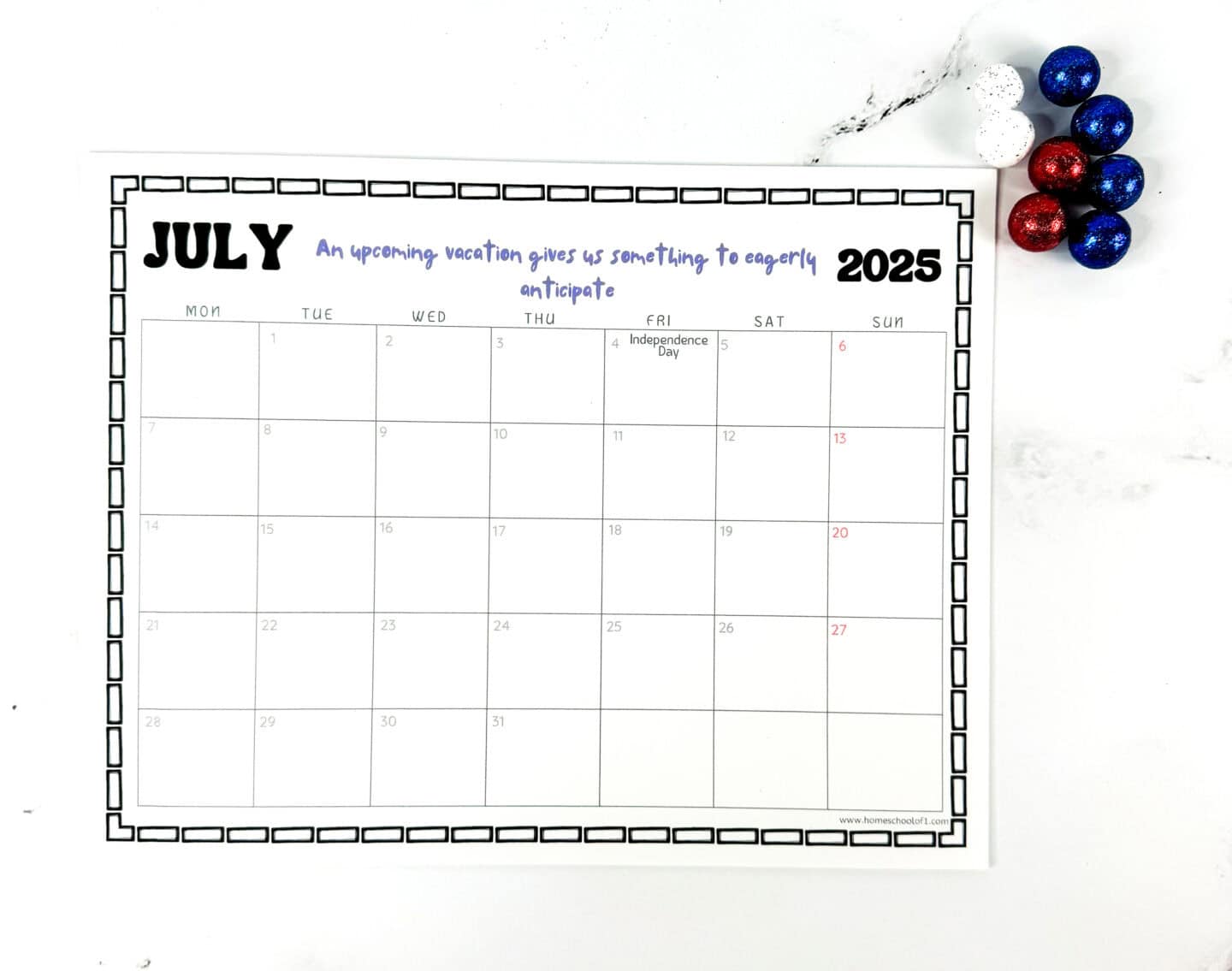 july printable monthly calendar with holidays