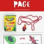 completed life cycle of a ladybug coloring page on a red background, showing a box of crayola crayons red beads and a ladybug lego minifigure