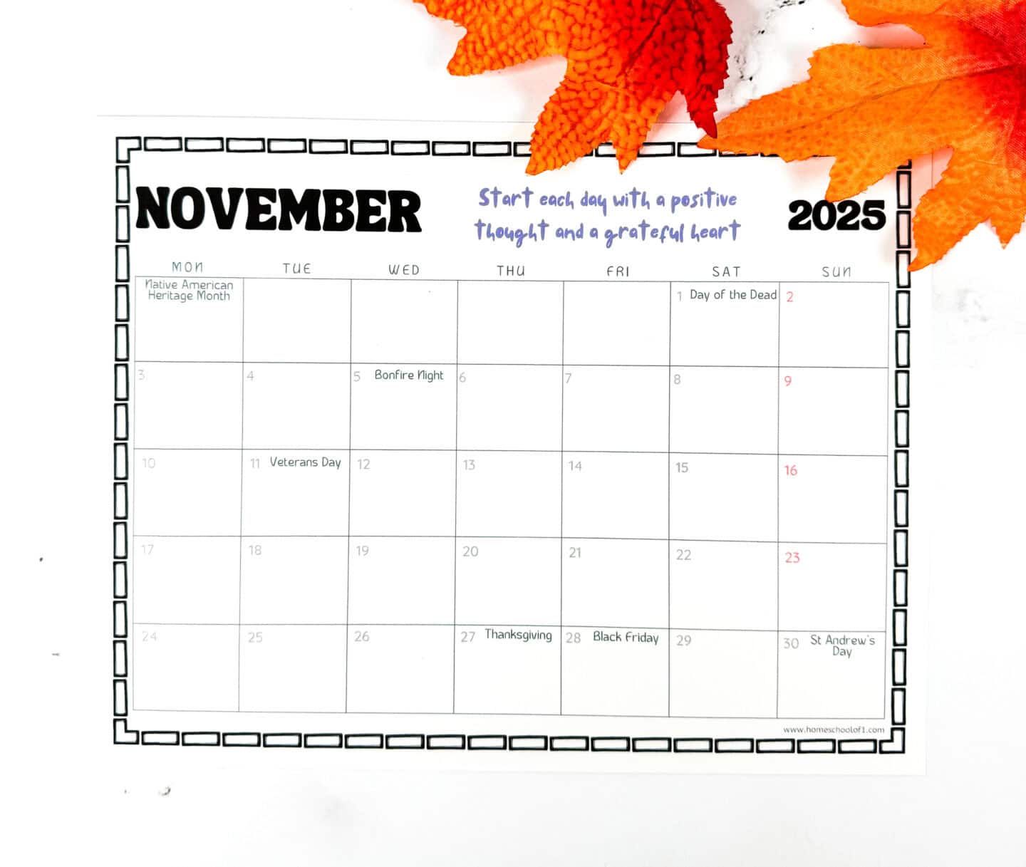 november printable monthly calendar with holidays