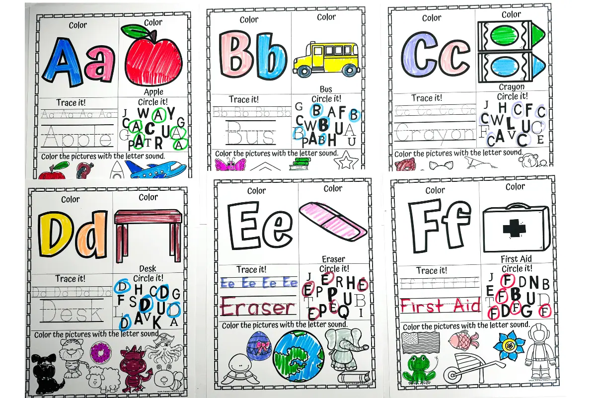 Educational worksheets for alphabet learning with letters A through F, each sheet colored and filled with activities like tracing, coloring, and circling pictures that start with the corresponding letter sound, such as apple for A and bus for B.