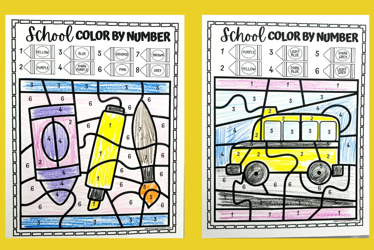 A pair of color by number worksheets titled "School COLOR BY NUMBER", one partially and one fully colored. The left sheet features art supplies with numbers corresponding to colors like yellow for number 1, purple for number 2, and so on. The right sheet shows a yellow school bus against a blue background, using a similar color code.