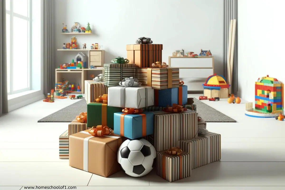 A neatly organized child's playroom with a pile of colorful wrapped gifts of varying shapes and sizes in the center, suggesting unusual gifts for 9-year-old boys, set against a backdrop of toys and games scattered around the room.