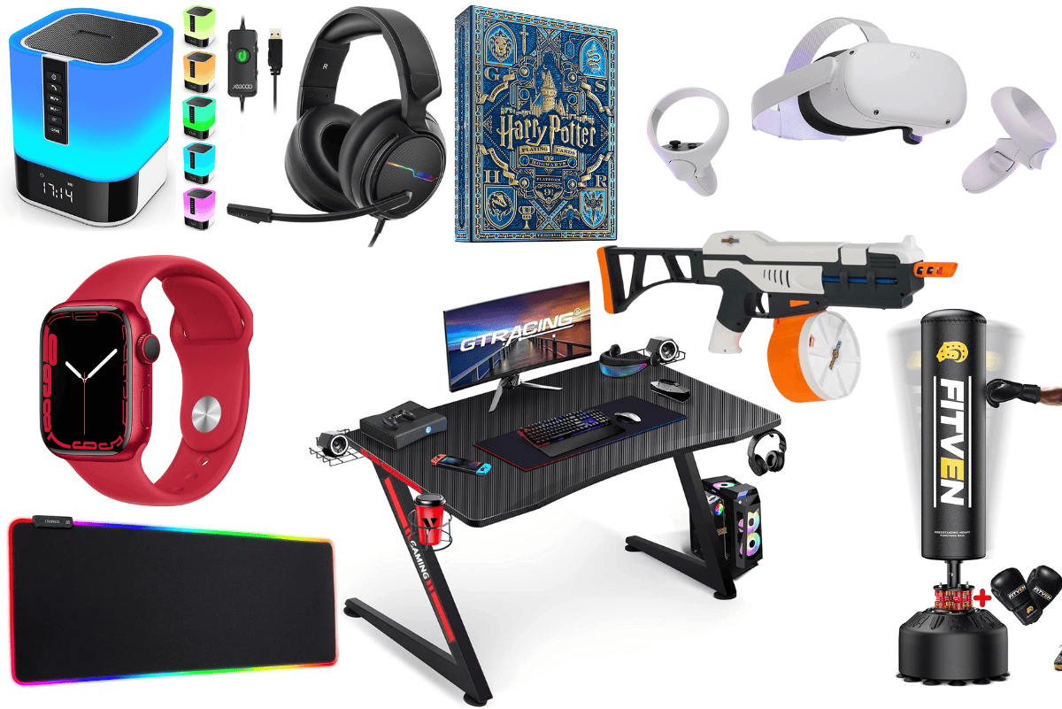 An assortment of high-tech gadgets and gaming accessories, including a smartwatch, gaming headset, VR set, and more, perfect as best gifts for 13-year-old boys.