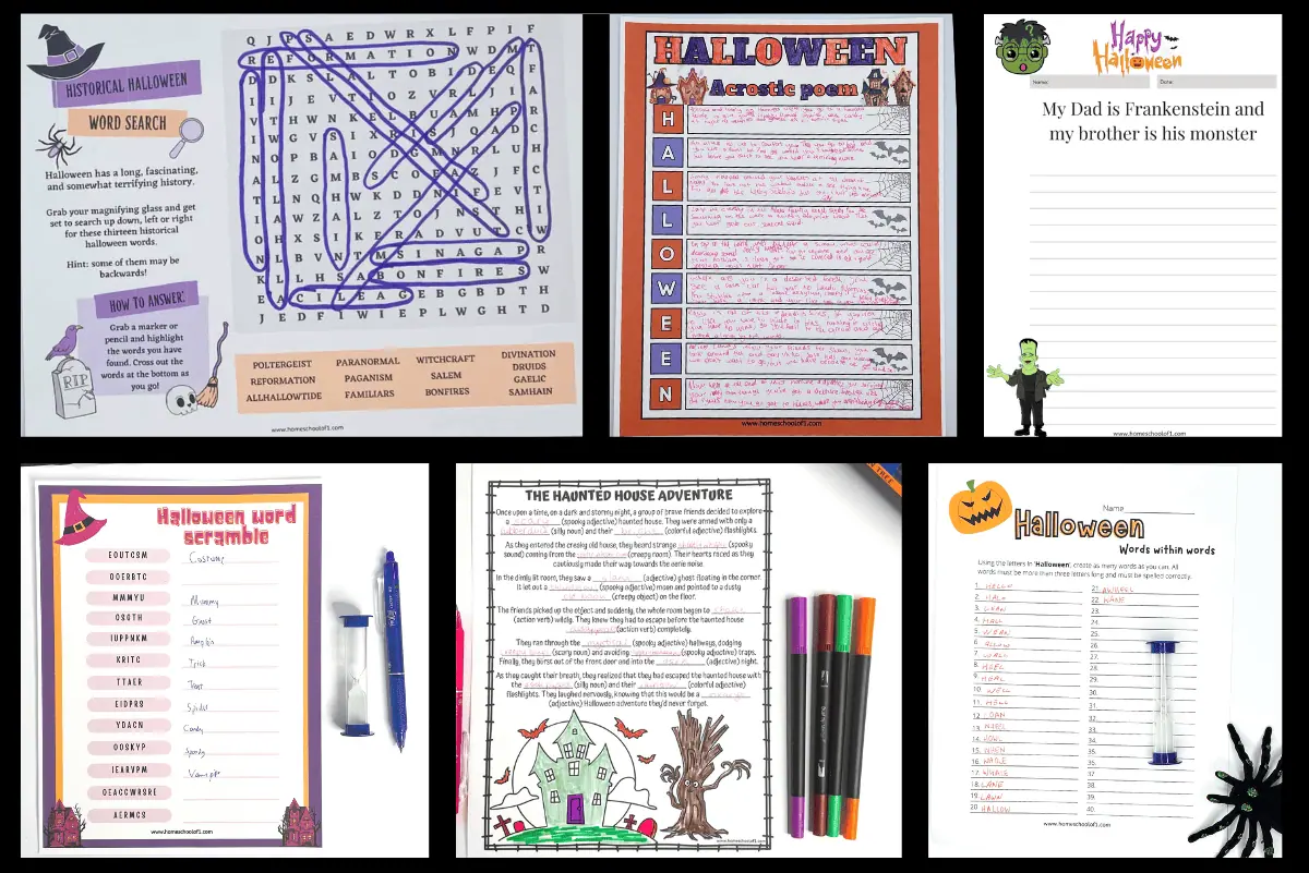 halloween middle school worksheets including acrostic poems, mad libs, and word searches