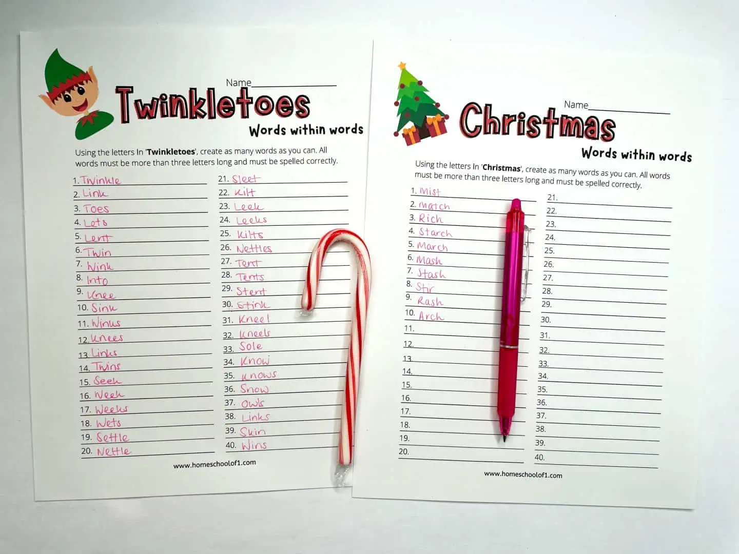 christmas words within words worksheets