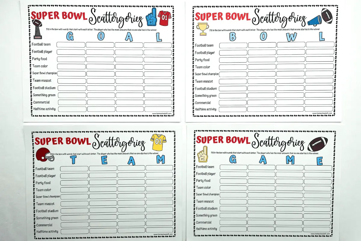 Super Bowl Scattergories free Printable