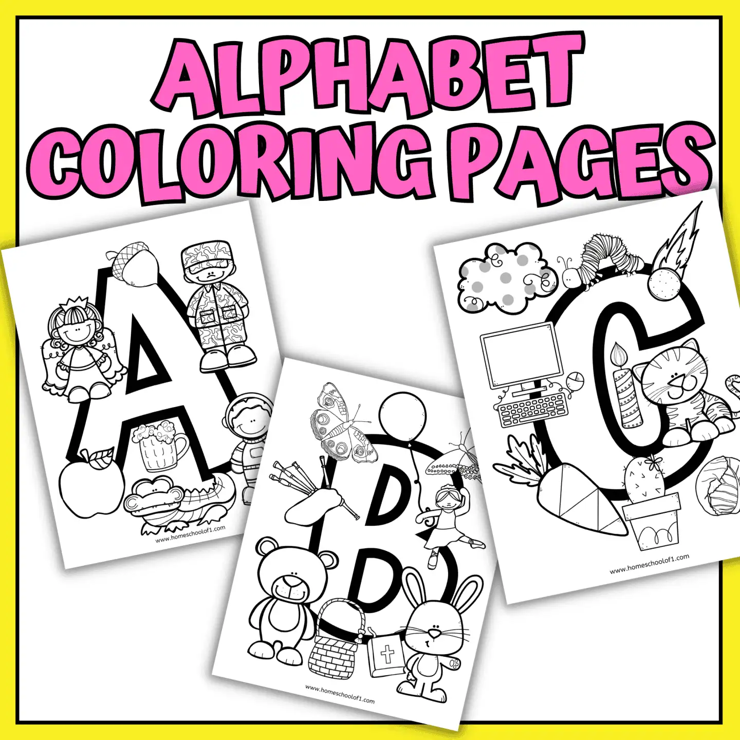 alphabet coloring pages, showcasing three letteres, a, b, and c