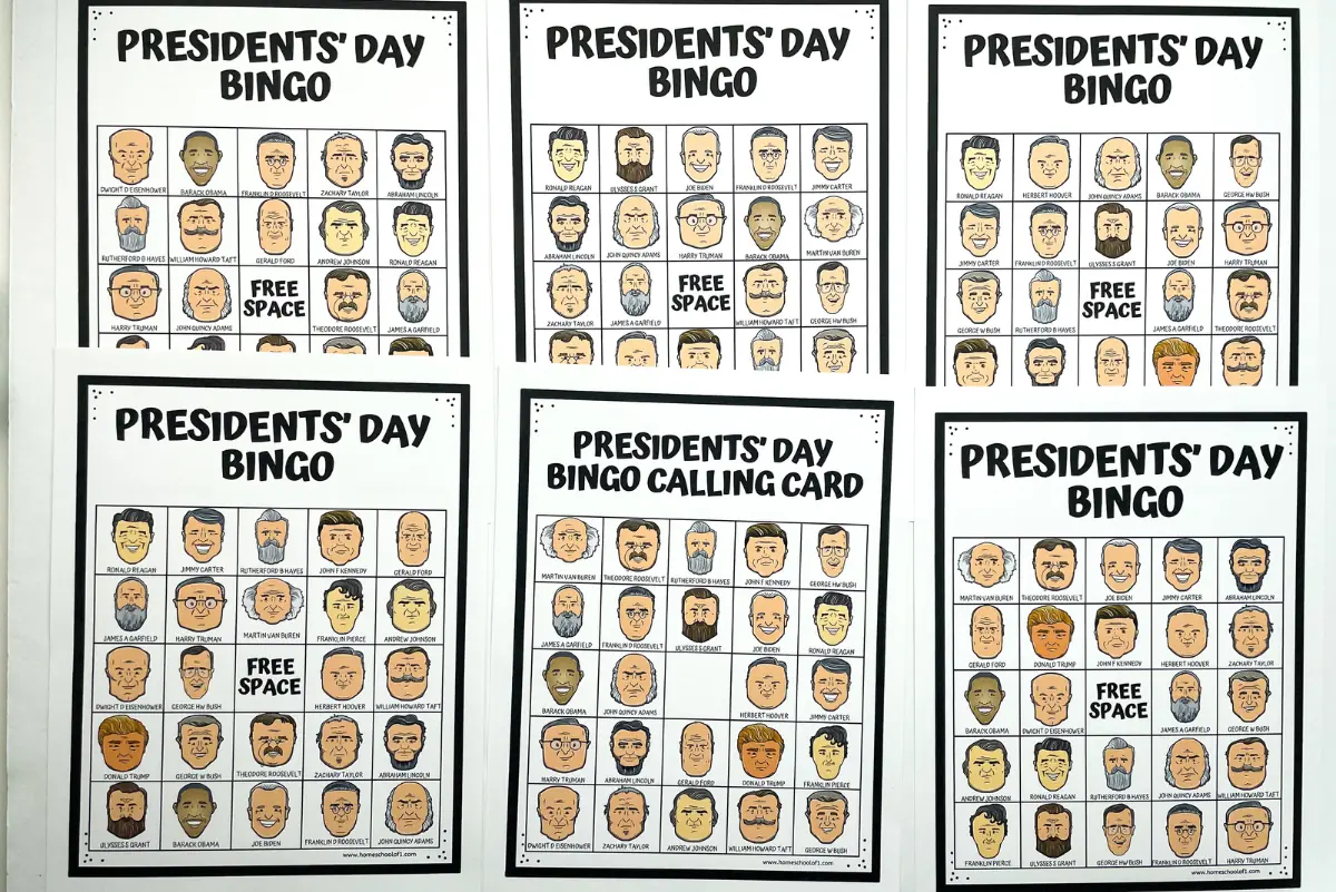 Printable Presidents' Day Bingo cards featuring caricature illustrations of US presidents, including a free space and a separate calling card.