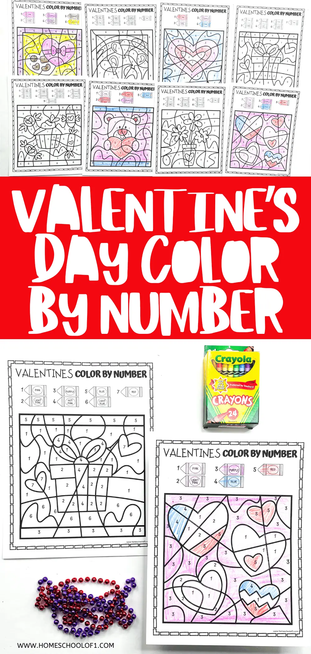 A collection of Valentine's Day themed color by number worksheets featuring hearts, teddy bear, and balloons, with partially colored examples and a box of Crayola crayons. Each worksheet includes color instructions, such as '1 - Pink' and '5 - Blue'. Below, a beaded heart necklace