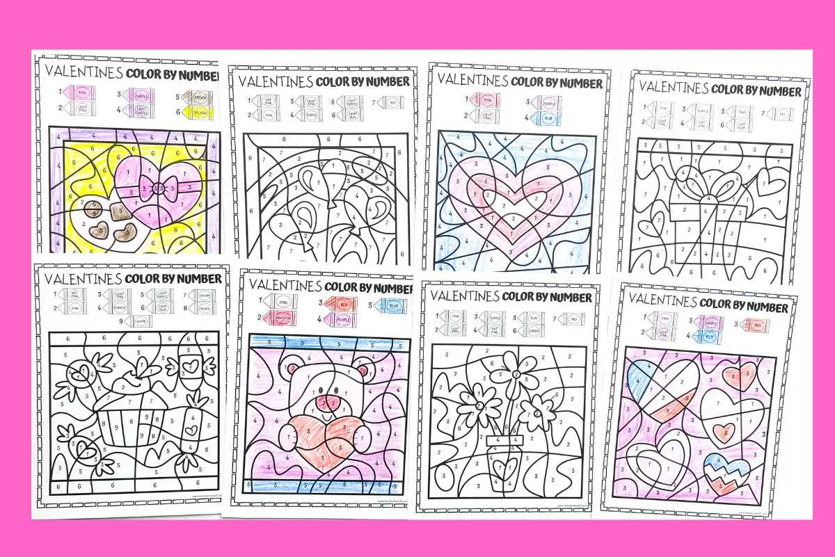 six different Valentine's Day color by number worksheets, showcasing designs with hearts and a teddy bear, all uncolored.