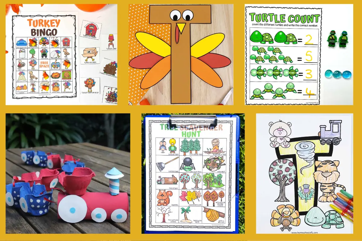 Collage of preschool letter 'T' activities including 'Turkey Bingo', a paper turkey craft, 'Turtle Count' math game, toy train, and a 'Tree Scavenger Hunt' worksheet.