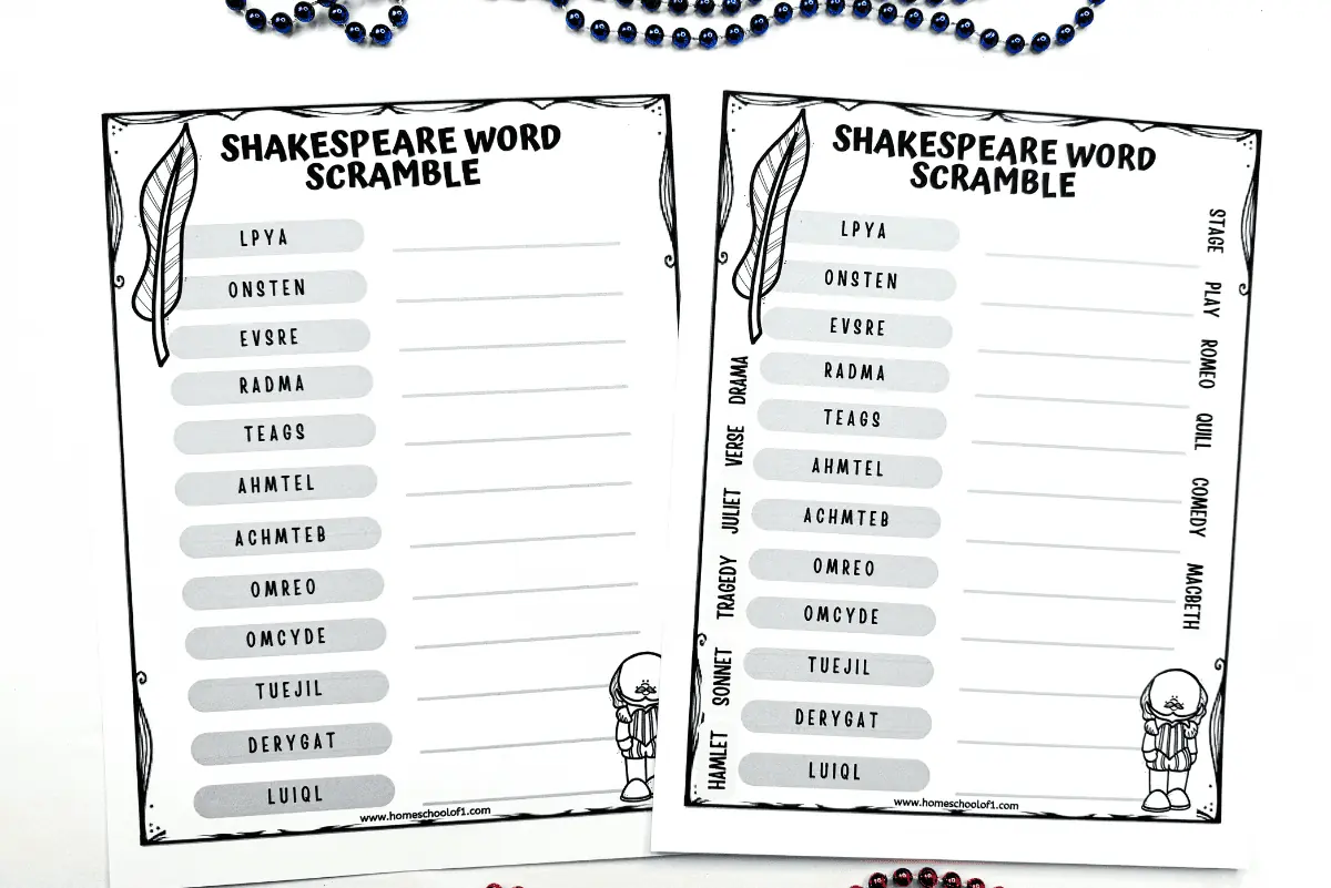 Shakespeare word scramble free printable