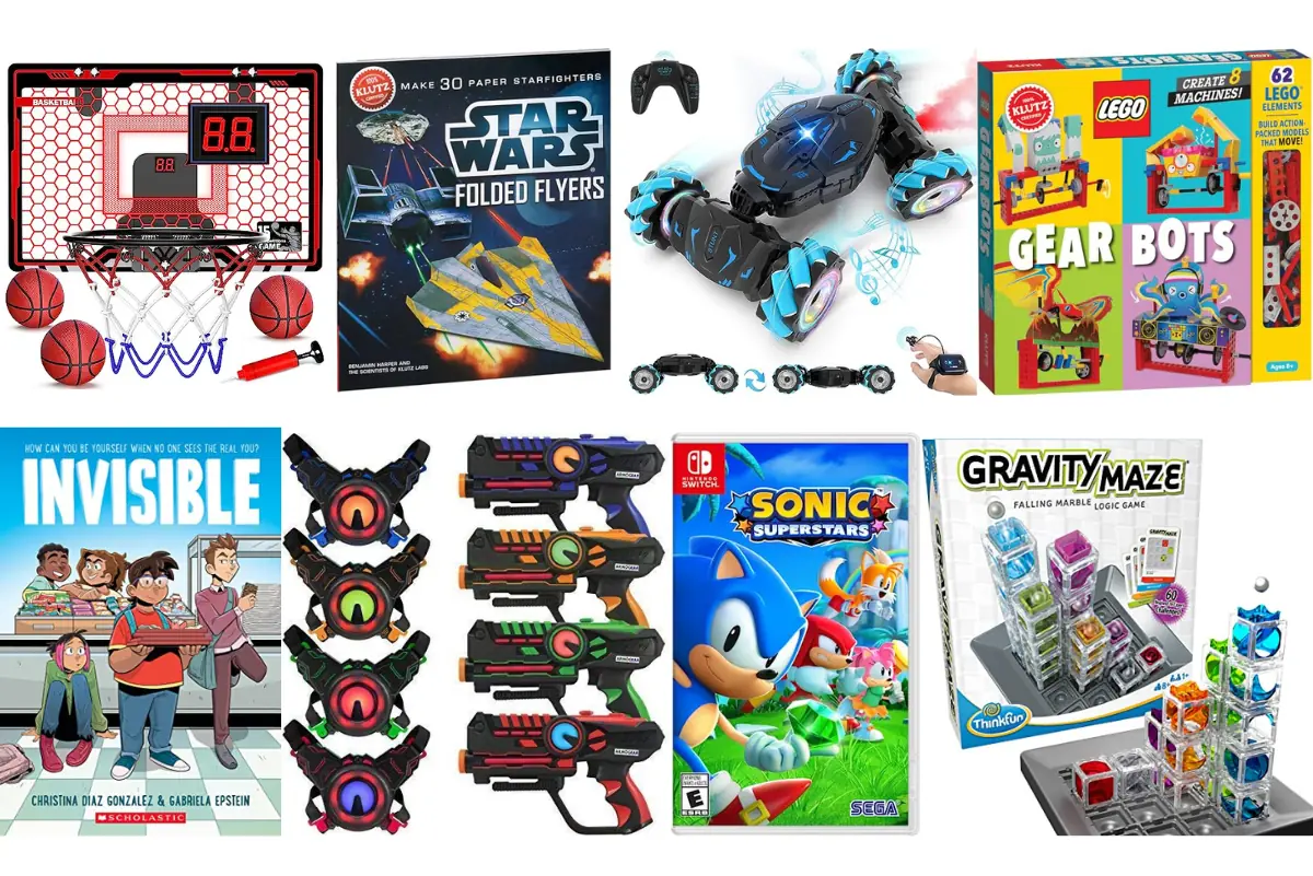 A compact collage preview of top toys for 9-year-old boys, highlighting a variety of engaging and educational toys from building sets to science kits and video games, designed to captivate and stimulate young minds.