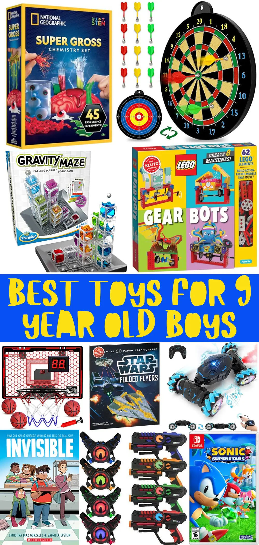 A colorful collage showcasing a selection of the best toys for 9-year-old boys, including STEM-focused chemistry sets, creative building kits like LEGO Gear Bots, strategy games such as Gravity Maze, electronic sports games, crafty Star Wars paper flyers, interactive laser tag gear, and popular video games like Sonic Superstars for Nintendo Switch