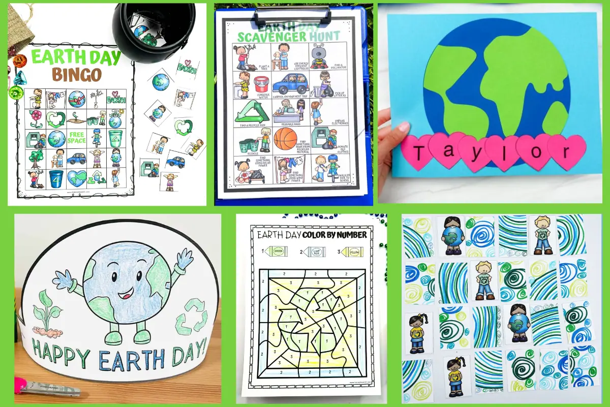 A collection of Earth Day educational activities for children, including an Earth Day Bingo game, scavenger hunt, personalized Earth craft with a child's name, a smiling Earth coloring page crown, and a color by number worksheet.