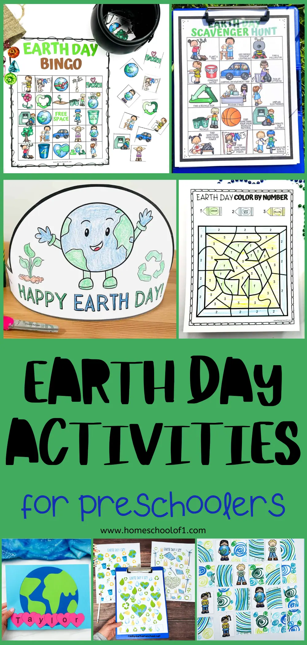 Earth Day activities tailored to preschoolers, featuring an array of engaging games and crafts such as Bingo, scavenger hunt, name craft, coloring pages, and color by number, all designed with an Earth-friendly theme.