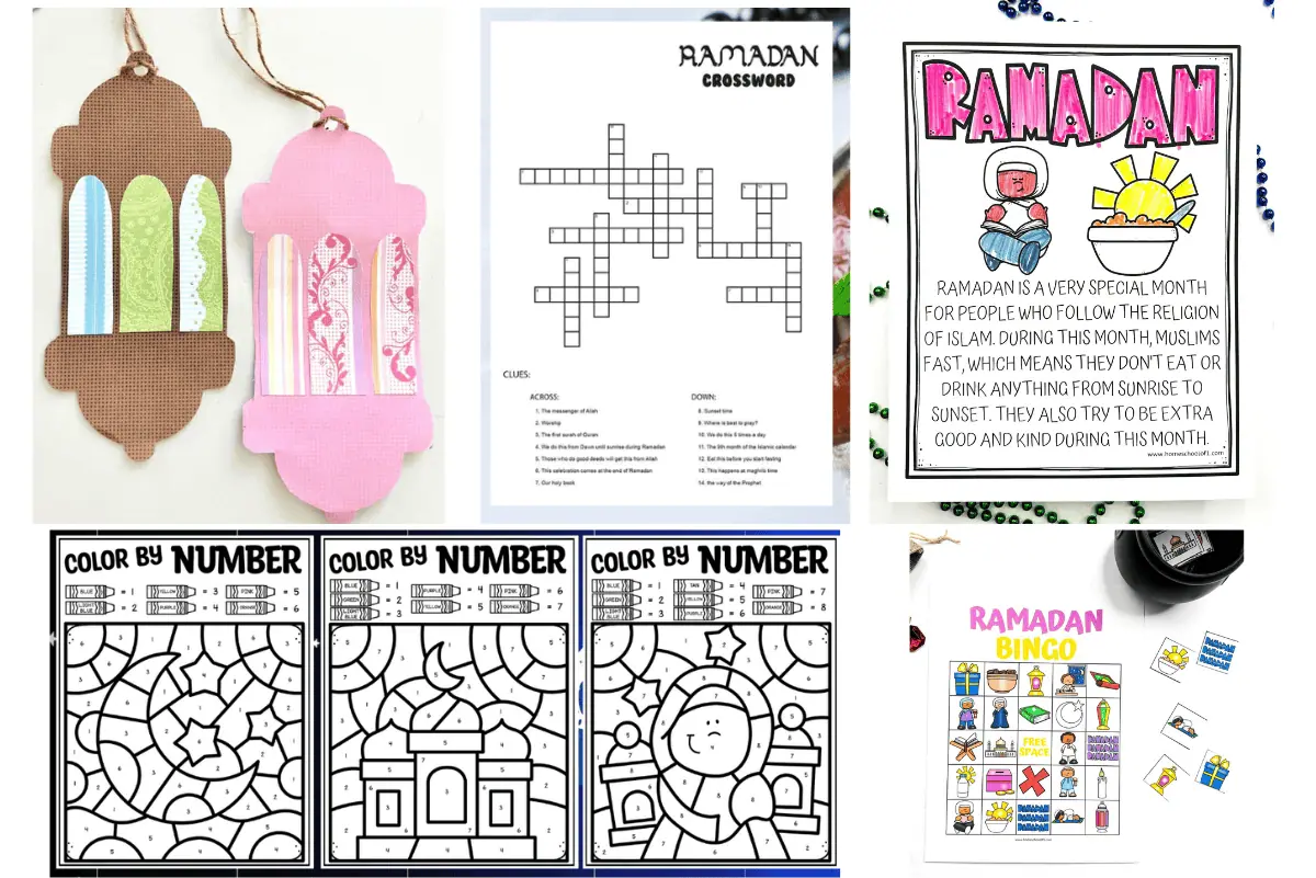 Collage of Ramadan-themed printable activities for children including a pink and brown paper lantern craft, a crossword puzzle with clues related to Islam, a colored illustration explaining Ramadan with text, color by number sheets with Islamic patterns, and a filled-out Ramadan Bingo card with symbols like a mosque, Quran, and dates.