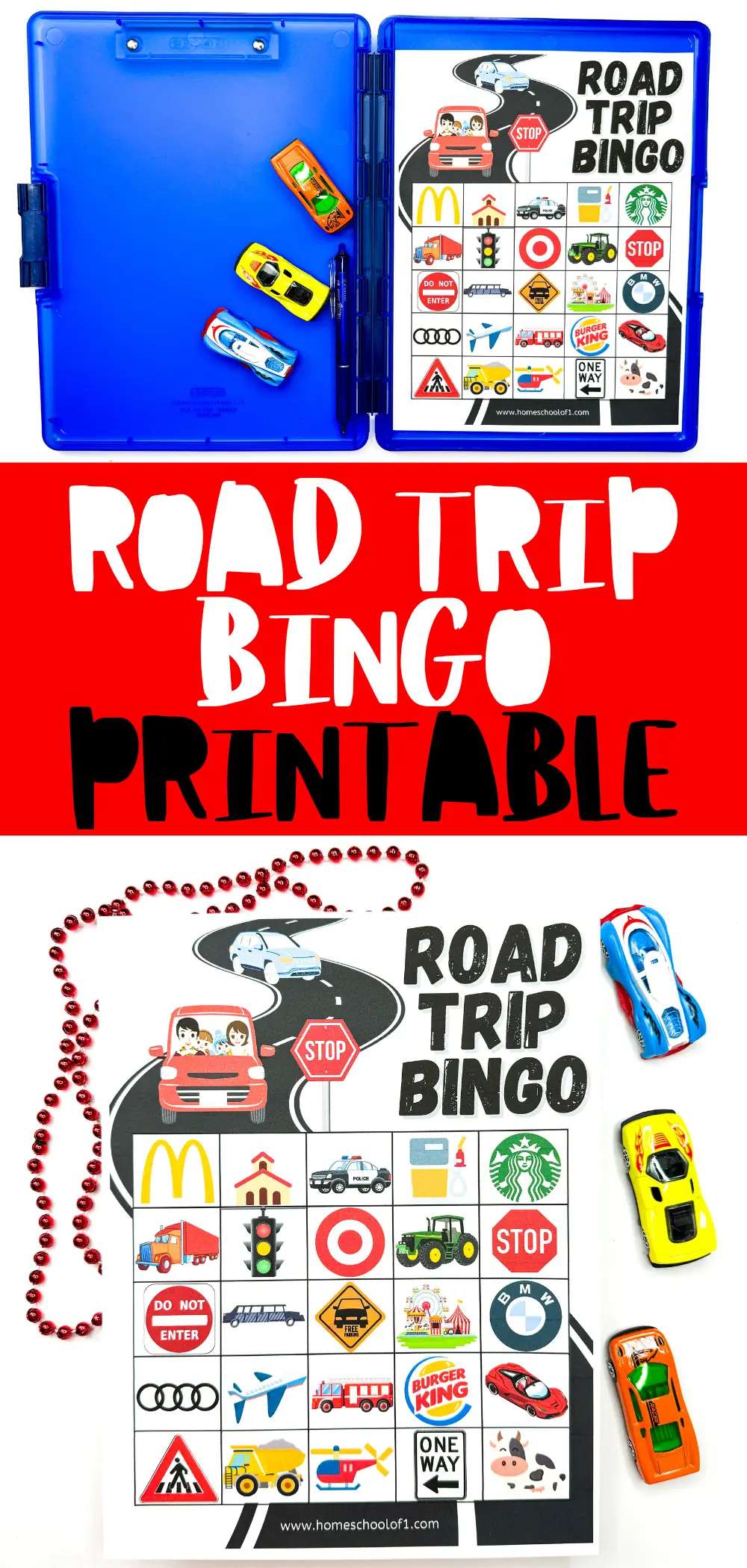 Vibrant 'Road Trip Bingo Printable' set with assorted travel-themed icons for a fun family game to play during car journeys.