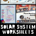 solar system worksheets, featuring a collection of space-themed educational activities such as coloring pages for different planets, Phases of the Moon information card, and a 'If I were an astronaut' imaginative exercise, designed for young learners.