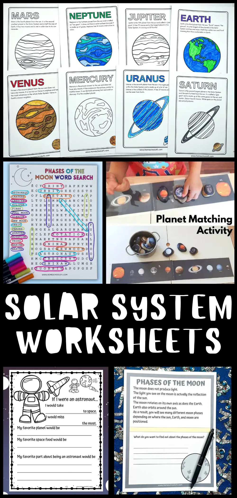  solar system worksheets, featuring a collection of space-themed educational activities such as coloring pages for different planets, Phases of the Moon information card, and a 'If I were an astronaut' imaginative exercise, designed for young learners.