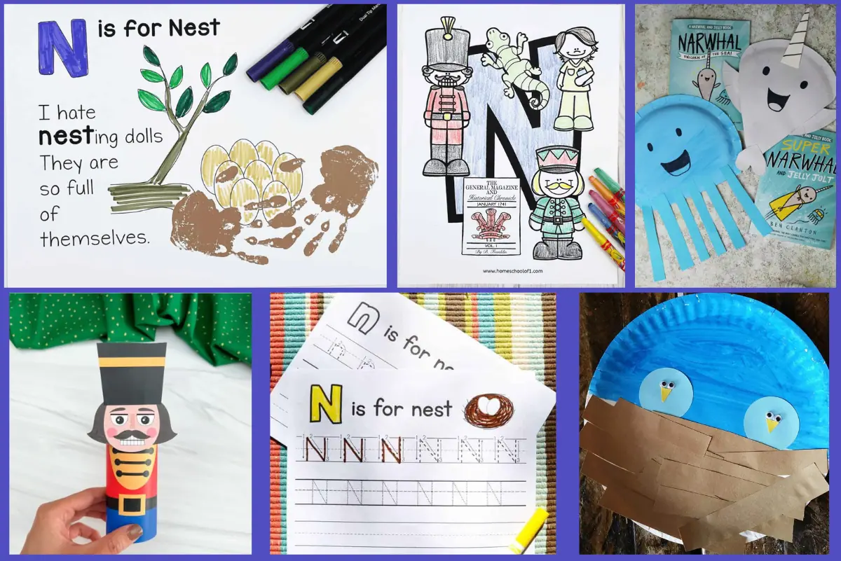 A playful assortment of 'N' themed crafts and activities for children, including a coloring page with the letter 'N is for Nest', a nutcracker tube craft, Narwhal-themed crafts and books, and a handwriting practice worksheet.