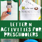 various 'Letter N' activities for preschoolers, showcasing colorful and creative crafts like a nutcracker figure, Narwhal paper plate creations, and educational worksheets focused on the letter N and related words.