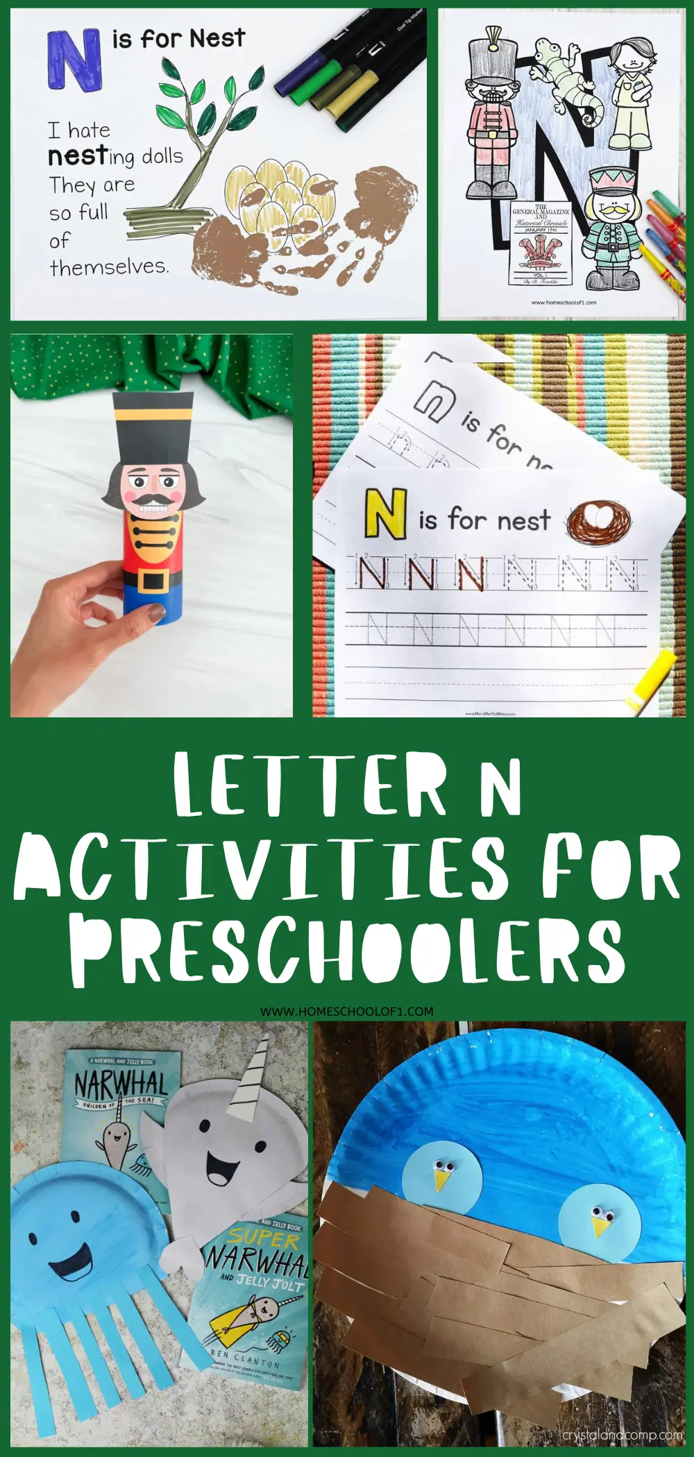 various 'Letter N' activities for preschoolers, showcasing colorful and creative crafts like a nutcracker figure, Narwhal paper plate creations, and educational worksheets focused on the letter N and related words.