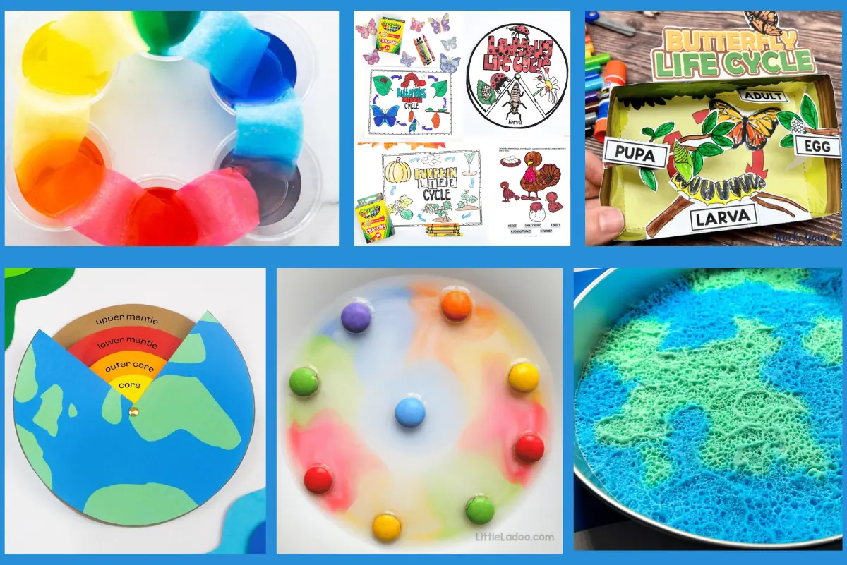 A compilation of colorful science activities for kids, including a rainbow milk experiment, life cycle coloring sheets for butterflies and pumpkins, and an Earth layer puzzle, providing both fun and education.