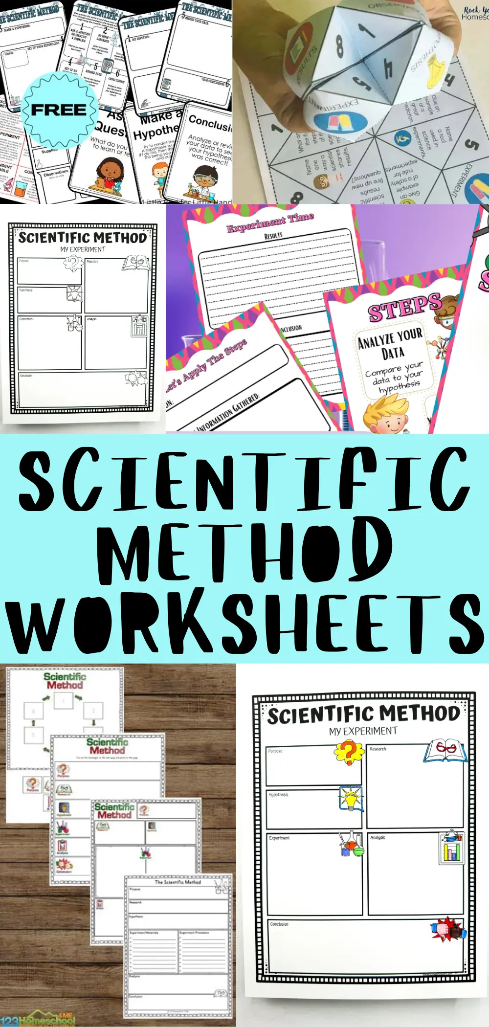 A vibrant collection of educational worksheets and activities highlighting the scientific method, featuring a variety of formats such as experiment templates, results charts, and an interactive fortune teller craft