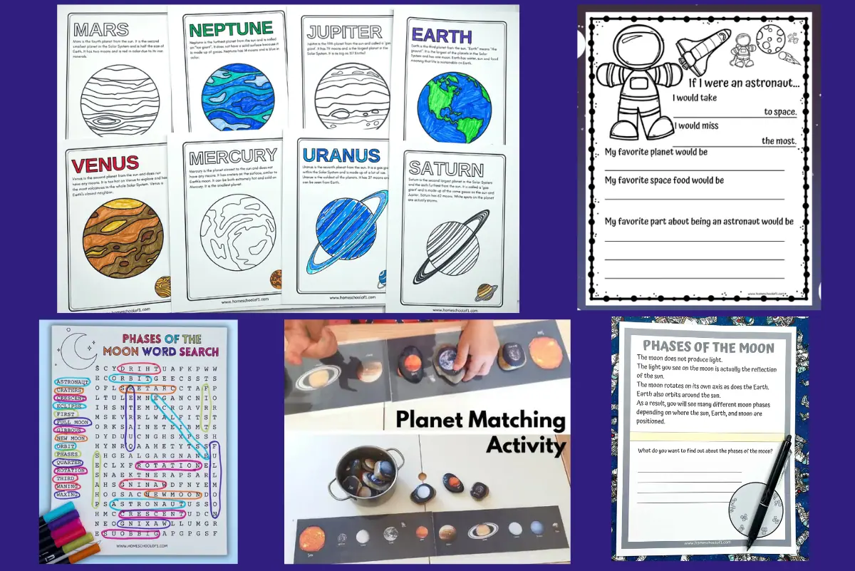 Educational coloring pages and activities themed around space exploration, including planets of the solar system, a ‘If I were an astronaut’ worksheet, Phases of the Moon word search, and a hands-on planet matching activity.