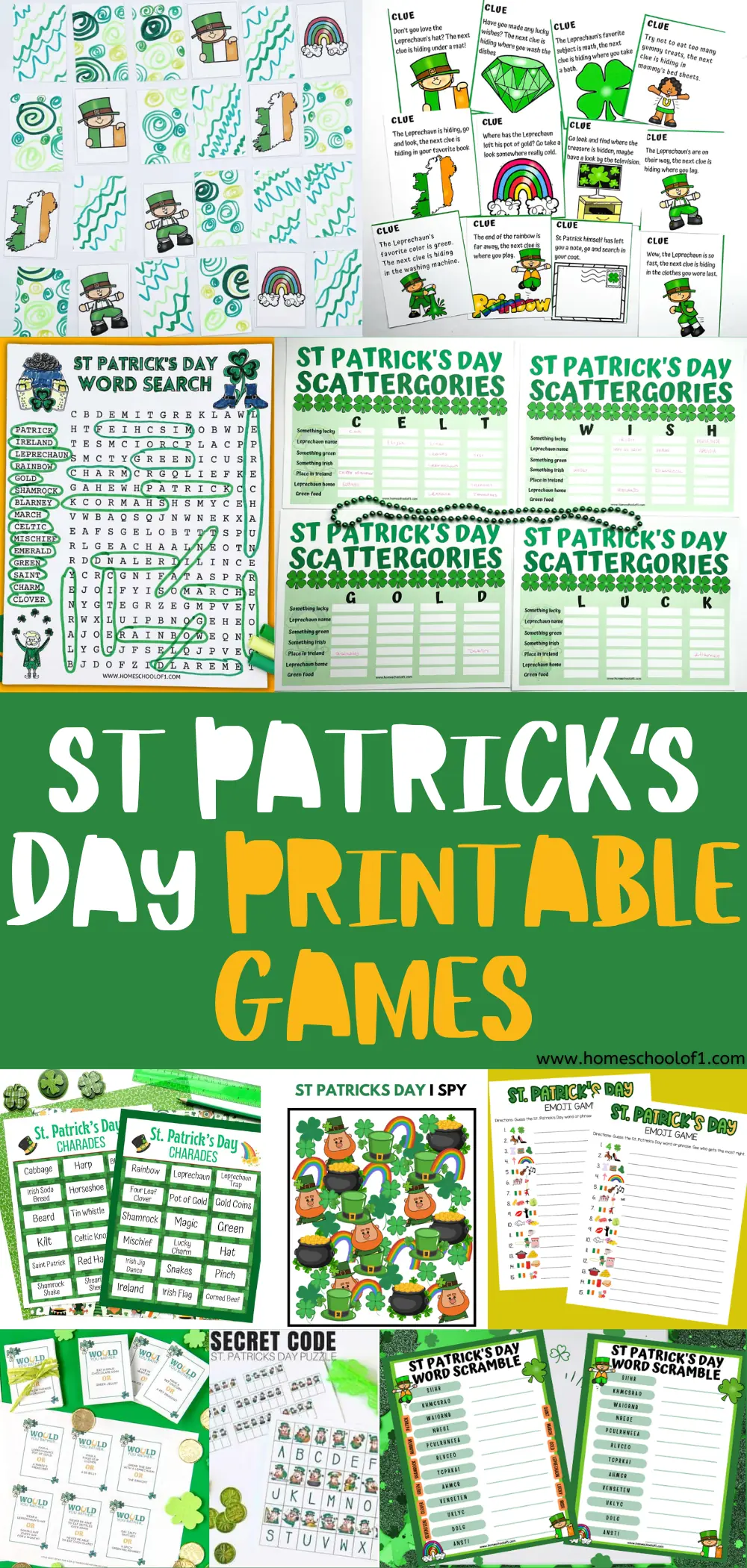 Comprehensive collection of St. Patrick's Day free printable games featuring word searches, scavenger hunts, charades, and I-spy activities, decorated with leprechauns, shamrocks, and pots of gold.